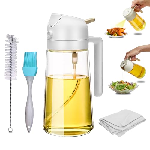 Augeno Weißer 500 ml 2-in-1 Ölspender und Ölsprüher für Speiseöl Set mit Silikon-Ölbürste, Reinigungsbürste & Reinigungstuch | Ölsprühflasche zum Kochen, Salat, Grillen und Backen in der Küche