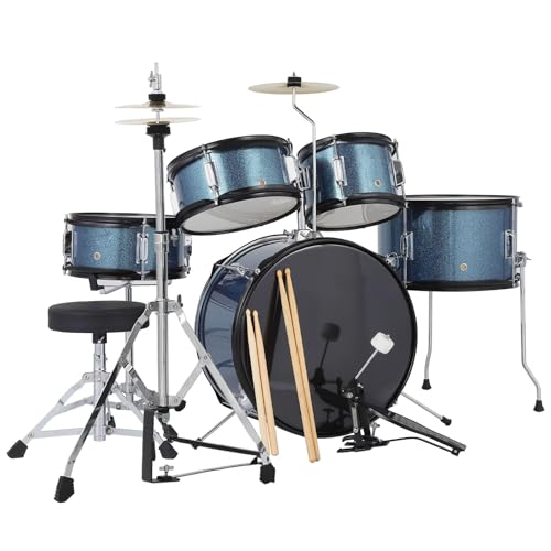 5 Piece Drum Set – Junior Drum Kit with Dual Tom-Toms, Floor Tom, Snare & Bass Drum, Hi-Hat, Cymbal, Pedal, Drumsticks and Seat, Complete Beginner Percussion Set for Music Learning & Practice