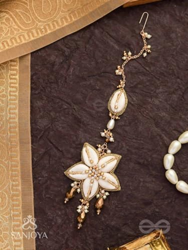 Image of SANJOYA by EVERSTYLISH Embroidered Maangtika for Women | Shell, Beads & Glass Drop Statement Headpiece | Ethnic Jewelry for Weddings, Festivals & Special Occasions
