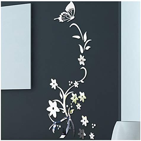 Mirror Wall Stickers 3D DIY Flower Butterfly Shape Acrylic Wall Sticker Modern Stickers Decoration Living Room Bedroom TV Background Home (Silver)