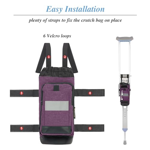 Crutch Bag Lightweight Crutch Accessories Storage Pouch with Reflective Strap and Front Zipper Pocket for Universal Crutch Bag to Keep Item Safety (Purple) - Thumbnail 4