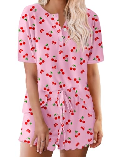 Image of Ekouaer Pajamas Set for Women Short Sleeve Lounge Set 2 Piece Loungewear PJs Soft Cute Lightweight Sleepwear