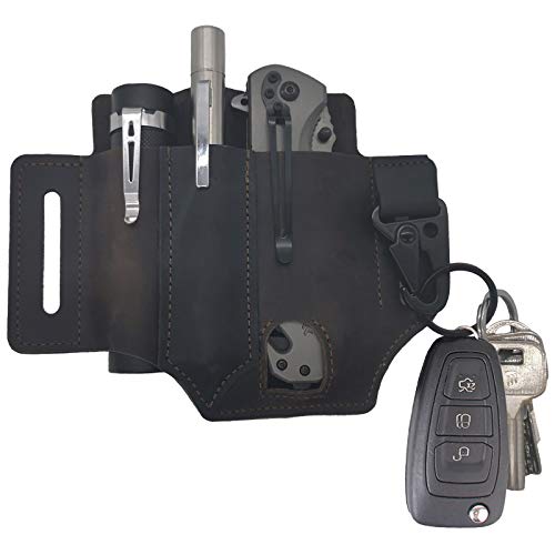 GEETKY Leather Multi Tool Sheath for Belt, EDC Pocket Knife Organizer for Leatherman Sheath, Handmade 3 Pockets Pouch with Key Holder for Folding Knives, Flashlights, Tactical Pens, Multitool Brown
