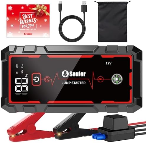 5000A Jump Starter Car Battery Jumper Starter Portable with Jumper Cable, Quick Charge Power Bank, 3 Modes Flashlight, Compass