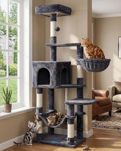 Hey-brother キャットツリー 大型ハンモック付き マルチレベルキャットタワー 室内猫用 サイザル被覆スクラッチポストとトップパーチ付きキャットコンドミニアム スモーキーグレー MPJ050Gの商品画像（Amazon）