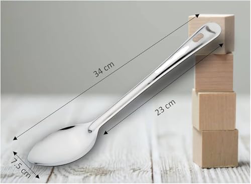 Image of Stainless Steel(Food Grade) Heavy Gauge(1.2 MM) Elite Solid Pan Spoon No.5(Serving Spoon) Chamcha for Serving Rice /Pasta /Subzi (Size -34 cm) Set of 2