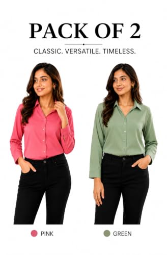 Image of FUNDAY FASHION Women Solid Regular Fit V Collered Casual Shirt (Pack of 2)