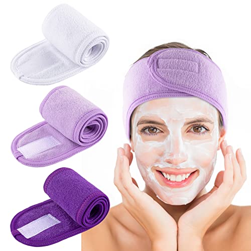 Whaline Spa Facial Headband Make Up Wrap Head Terry Cloth Headband Adjustable Towel Band for Face Washing Shower Facial Cover, 3 Pieces (White, Purple, Dark Purple)
