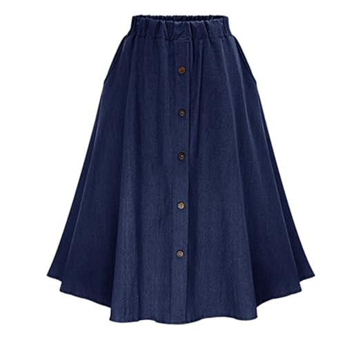 Denim Midi Skirts for Women Summer Casual Elastic High Waisted Buttons Front A-Line Flowy Ruffle Jean Skirt2