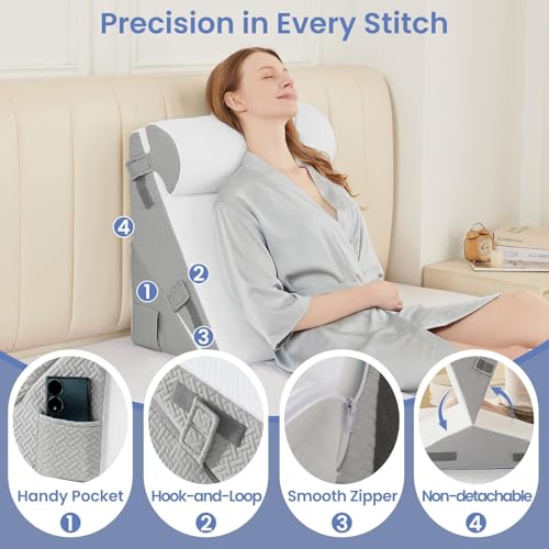 Image of Sasttie Wedge Pillow Set for After Surgery, 2PCS Adjustable Bed Wedge Pillow Headboard with Memory Foam Neck Cushion - for Acid Reflux, Sleeping, Neck & Back Support, Light Grey & White