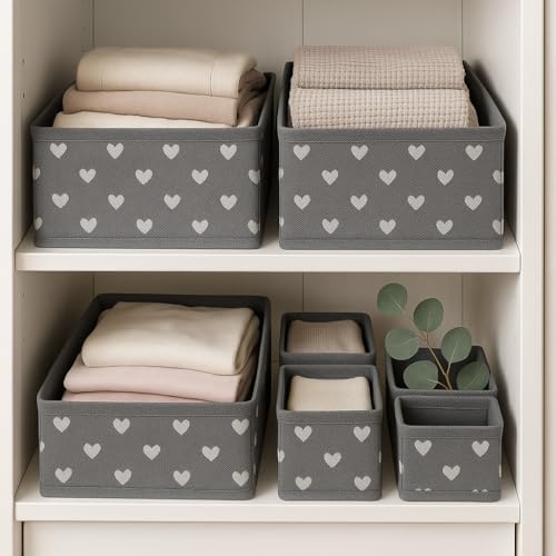 12-Piece Foldable Fabric Storage Box Set – Wardrobe, Drawer & Cupboard Organizer – Grey with Heart Pattern – Space-Saving, Lightweight & Durable.