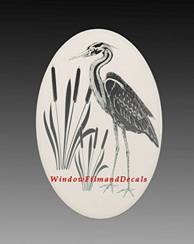Oval Egret & Cattails Right Etched Window Decal Vinyl Glass Cling -21" X 33" - White With Clear Design Elements #TOP6