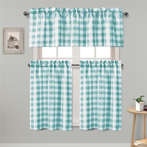 Hiasan 3 Piece Semi Sheer Curtains, Aqua and White