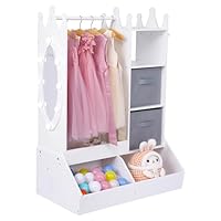 Thaookte Kids Clothes Rail With Storage Shelf, 98 * 35 * 23cm, Children Wardrobe with Mirror, Children's Wooden Dress Up with Storage Bins, MDF for Kindergarten, Nursery, Bedroom, White