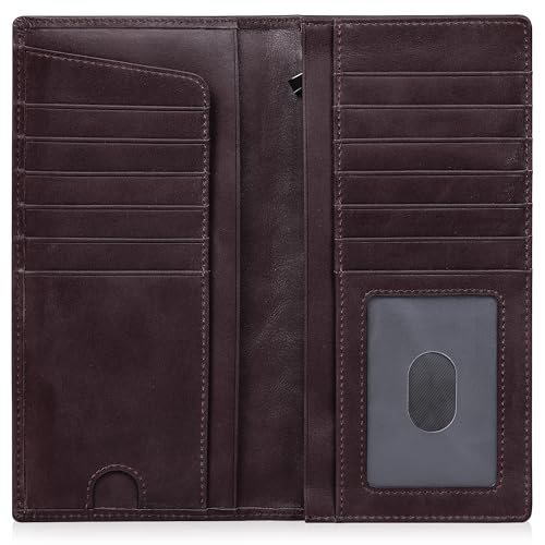 VISOUL Genuine Leather Long Bifold Checkbook Cover Wallet for Men with Zipper Pocket, Mens Tall Cash Credit Card Holder Wallet with RFID Blocking (Coffee)