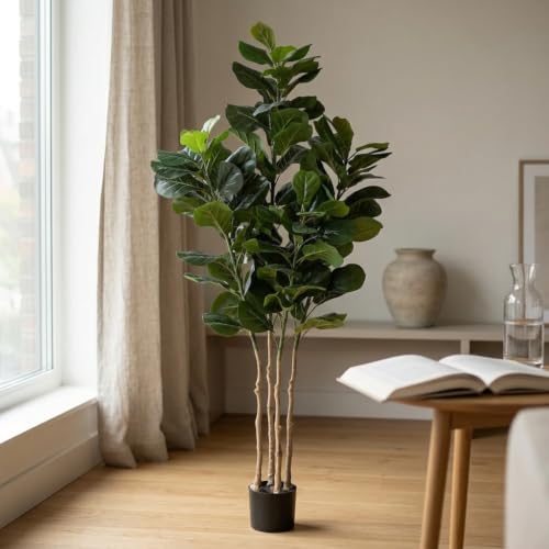 Image of ARICK DECOR 6Ft Artificial Fiddle Leaf Fig Tree in Pot, 180cm Realistic Faux Lush Green Silk Leaf Plant, Peacock Shaped Large Floor Decor for Home, Office & Balcony with Black Pot