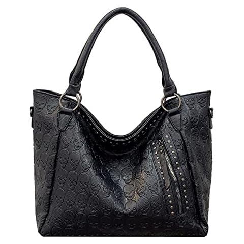 KEEPOP Women Skull Large Tote Bag Rivet Studded Handbag PU Leather Gothic Purse Printing Shoulder Bag Punk Satchel Black Cover