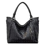 KEEPOP Women Skull Large Tote Bag Rivet Studded Handbag PU Leather Gothic Purse Printing Shoulder Bag Punk Satchel Black