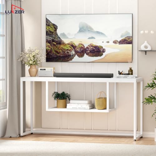 Image of Lukzer TV Unit Stand for TVs up to 43 Inch Engineered Wood with Metal (MTU-002 /White & White) Open Shelf Storage Console for Living Room, Set Top Box, WiFi Router, Speakers & Decor (110 x 56 x 30 cm)