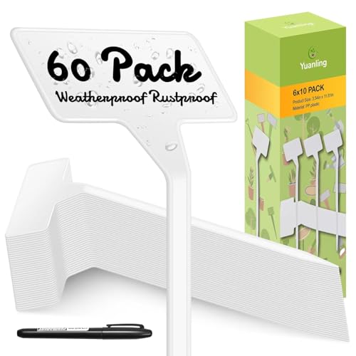 Plant Labels 60 Pcs Yuanling Large 11.8 Inch Plant Markers Signs Plastic Waterproof Garden Label Stakes T-Type Plant Garden Tags with Marker Pen for Flower Herb Pot Plant (White)
