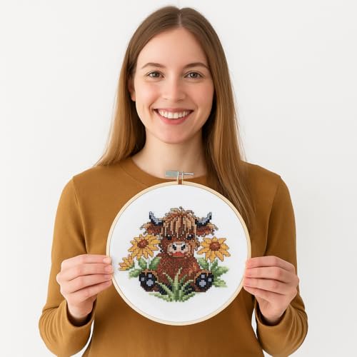 Image of LEISURE ARTS Highland Cow Cross Stitch Spring ePattern, Counted Cross Stitch Pattern Books for Adults, Beginner DIY Embroidery Pattern Book for Home Decor Crafts