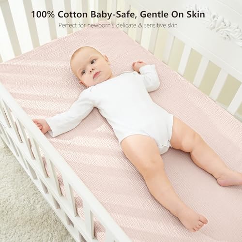 Image of Bearmoss Muslin Mini Crib Sheets for Pack N Play Mattress - 100% Cotton - 38 inchx26 inch Soft Breathable Playard Baby Crib Sheets Neutral for Boys Girls - 2 Pack (Pink Purple)