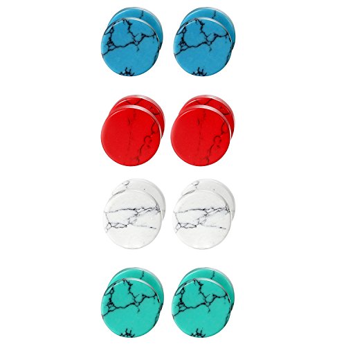 4 Pairs Unisex Marble Stone Screw Stud Earrings Set,Cupimatch Ear Piercing Plugs Faux Gauges Illusion Tunnel Earrings