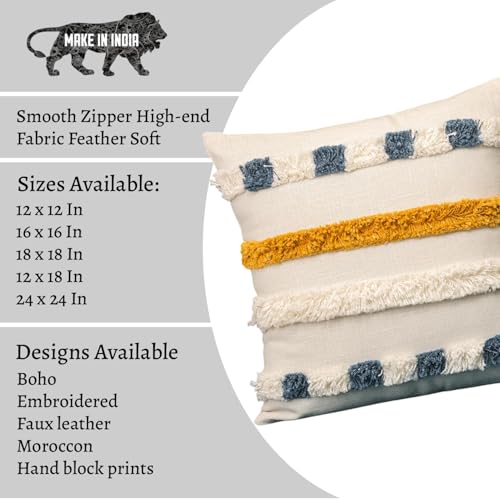 Image of Boho Square Pillow Covers | 16X16 Inches Embroidery Cushion Covers | Tufted Cushion Cover for Home Decor | Hand Crafted Bohemian Cushion Cover for Sofa & Bed Room (Set of 1, 16 * 16)