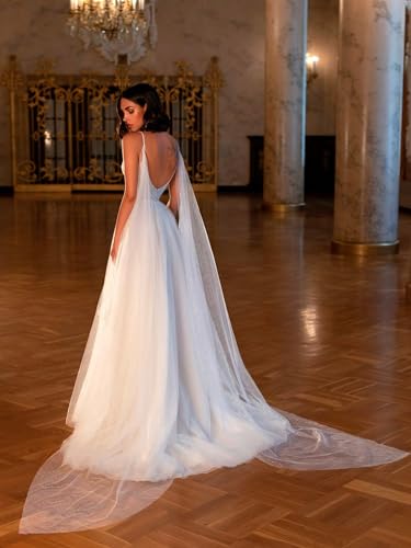 Spaghetti Straps Tulle V Neck Wedding Dresses for Bride with Shawl A Line Beaded Bridal Ball Gowns with Slit Ivory - Thumbnail 2