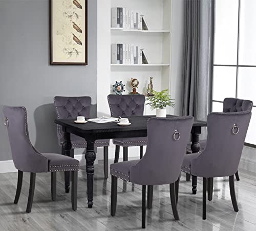 Maison Arts Velvet Tufted Dining Chairs Set Of 6, Upholstered Dining Room Chairs With Ring Pull Trim & Button Back Modern Dinner Chairs With Solid Wood Legs For Kitchen Dining Room (Grey, 6Pcs) #TOP1