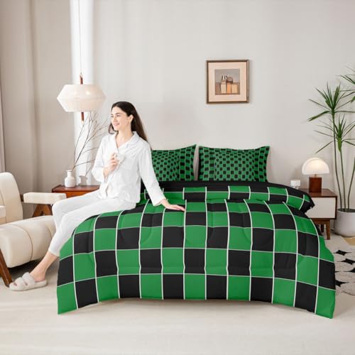 Image of Erosebridal Plaid Full Bed in A Bag 7 Piece Green Black Checkerboard Comforter Set with Sheets Geometric Checkered Bedding Sets for Kids Adults,Aesthetic Grids Bed Set