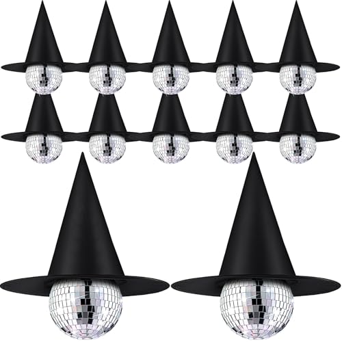 Seematn 12 Set Halloween Witch Hats with Mirror Disco Ball Hanging Decor, Black Hanging Witch Hat Silver Mirror Ball Decorations for Halloween Party Stage Club Ballroom Dance Hall Prom Props