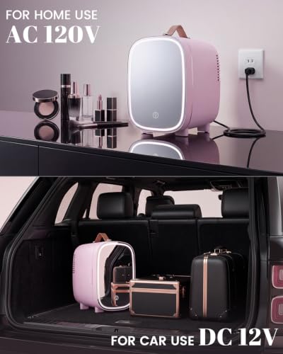 Image of Mini Fridge for Bedroom, 4 Liter /6 Can Skincare Fridge With LED Mirror & Leather Carrying Handle, AC /DC Cooler & Warmer Portable Small Refrigerator for Drinks, Makeup, Dorm, Office and Car(Pink)