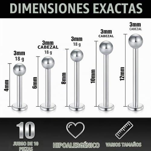 Miniatura 5 de Munze 10 Unidades Piercing Tragus Hombre Plata 16g - Acero Quirúrgico Labret Helix Anillo 4-12mm Bolas 3mm