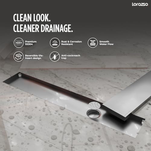 Image of Lorazzo Linea Tile-Insert SS304 Shower Drain Channel 18x4 Inch | Built-in Cockroach Trap | Stainless Steel Floor Drain | Silver Finish | Bathroom Shower Drain | 10 Year Warranty