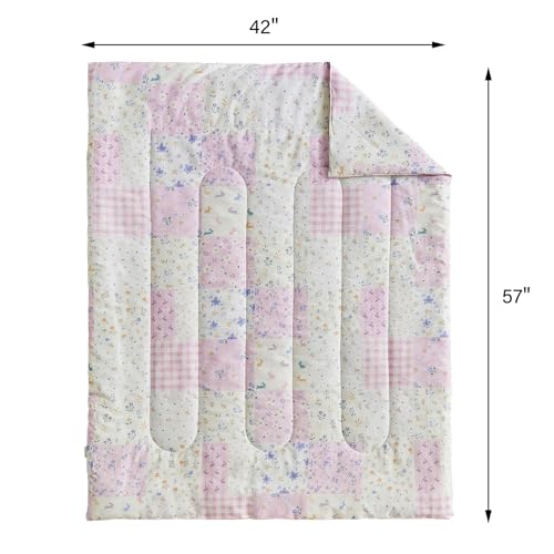 Image of Joyreap 4 Piece Cotton Toddler Bedding Set- Purplish Pink Floral Patchwork Design, Toddler Comforter Set for Girls, Includes Quilted Comforter, Fitted Sheet, Top Sheet, and Pillow Case