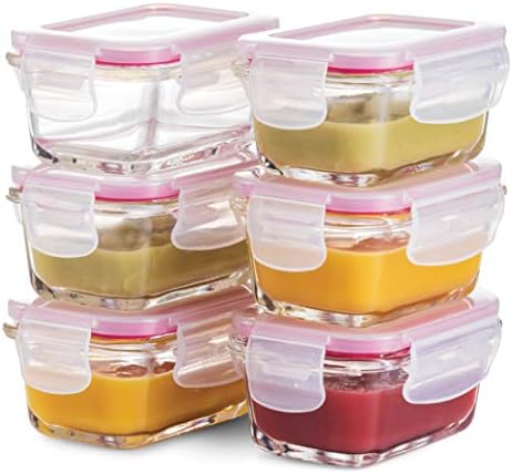 FineDine Glass Meal Prep Containers with Lids - Set of 6 Square 4 Oz Containers - Airtight, Leakproof, Microwave & Dishwasher Safe - Perfect for Snacks, Dips, and Meal Prep (Pink)
