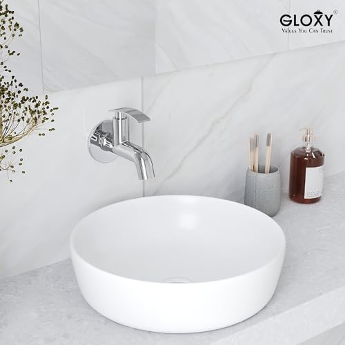 Image of GLOXY Premium Bib Cocke Short Body with Chrome Finish - Short Body Wash Basin Tap Delight Lever with Wall Flange - Bib Cock Tap for Kitchen Sink, Bathrooms, Gardens - 10 Years Warranty