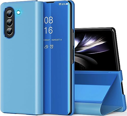 Cases for Samsung Galaxy Z Fold 5 5G Leather Case Clear View Makeup Mirror Flip Cover, Galaxy Z Fold 5 5G Phone Case with Kickstand Shockproof Protective Case Galaxy Z Fold 5 5G Black Shell (Silver)