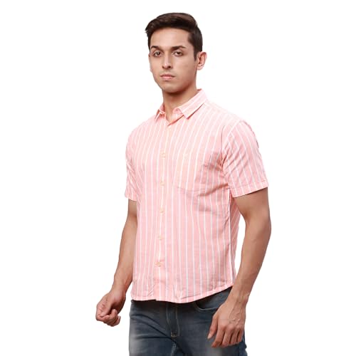 Image of Park Avenue Men's Pure Cotton Chambray Pattern Slim Fit Ainsley Collar Half Sleeve Casual Shirt