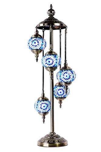 Marrakech Turkish Floor Lamp Mosaic Glass 5 Globes Bedside Floor Lamp Moroccan Tiffany Style Decorative Lantern Night Light For Living Room Bedroom (Blue) #TOP5