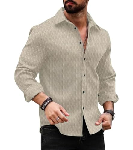 Image of DEELMO Men's Regular Fit Button Down Dress Shirts Textured Long Sleeve Casual Hawaiian Shirt (in, Alpha, XL, Regular, CHIKU-New)