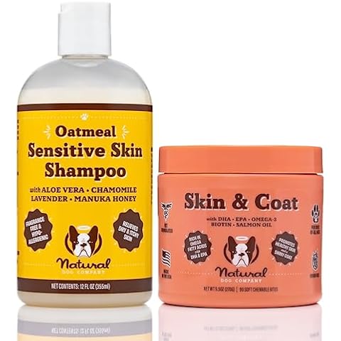 Natural Dog Company Skin & Coat Chews (90-pcs) Bundle with Sensitive Skin Oatmeal Shampoo (12 oz) | Daily Supplement with Sensitive Skin Shampoo | Gentle Cleaning for Healthier Skin and Coats Cover
