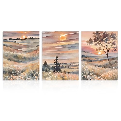 Dazzlewall 3pcs Watercolour Landscape Wall Art, Wildflower Mountain Sunrise Artwork Print, Sunset Nature Scenery Wall Decor for Living Room, 12x16 in Unframed