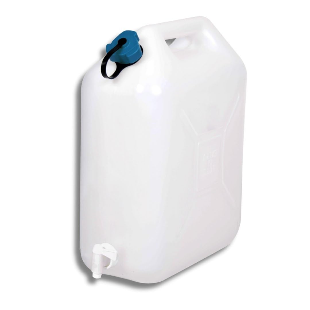 EDA - Bidon à Eau 10 L - Jerrican Extra Fort avec Bouchon Simple et Robinet - Certifié Contact Alimentaire - 29 x 14 x 35 cm - Naturel
