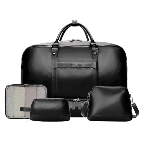 Large 4-in-1 Leather Duffle Bag for Travel Weekender Overnight Hospital Gym Bag for Men & Women, Carry On Airline Approved Personal Item Duffel Garment Bag Luggage with Shoe Compartment & Toiletry Bag by Double Bus - Used condition - US$42.49