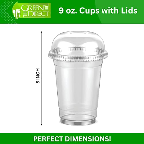 Green Direct 9 oz. Disposable Clear Plastic Drinking Cups with Lids for Iced Coffee, Bubble Boba Tea, Cold Drinks & Smoothie Pack of 100