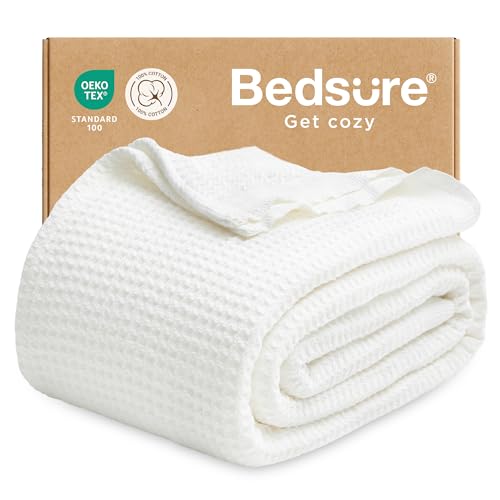 Bedsure Gentlesoft 100% Cotton Blanket Twin XL Size for College Dorm - Breathable and Soft for Spring Summer, Waffle Weave Twin Blanket for Bed, Dorm Room Essentials, White, 66x90 inches