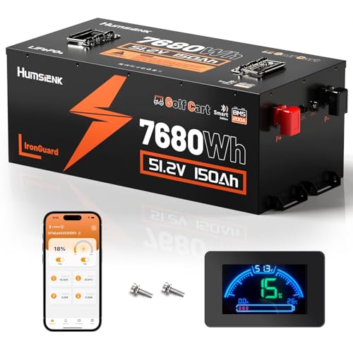 HumsiENK 48V 150Ah Golf Cart Battery Bluetooth Mobile APP & LCD Monitor, with Blade Cell & Metal Case, LiFePO4 Lithium Battery,15000+ Cycles, 200A BMS with Low-Temp Protection for Golf Carts