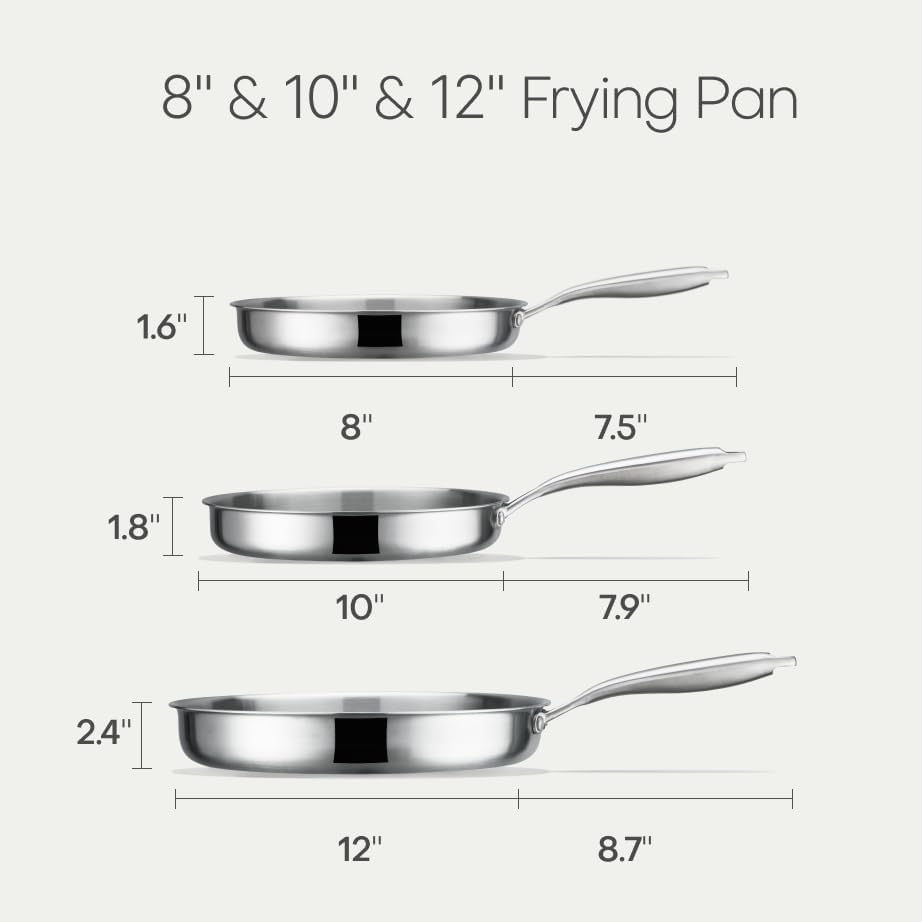 carote 3-piece tri-ply stainless steel frying pan set, skillet set 8"/10"/12", induction compatible, oven & dishwasher safe, silver handle silver 3 pcs